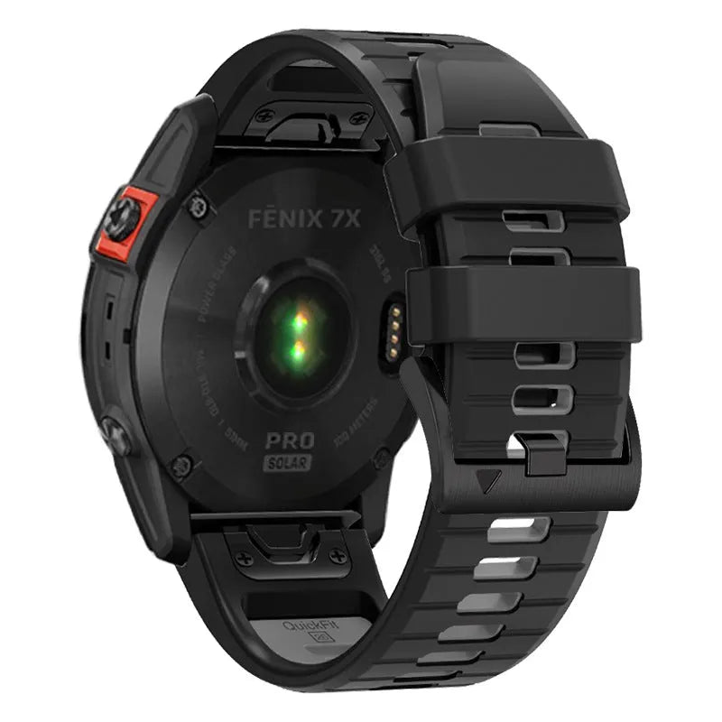 Two-tone quick release silicone strap for Garmin Fenix watches, shown in Army Green Black colour.