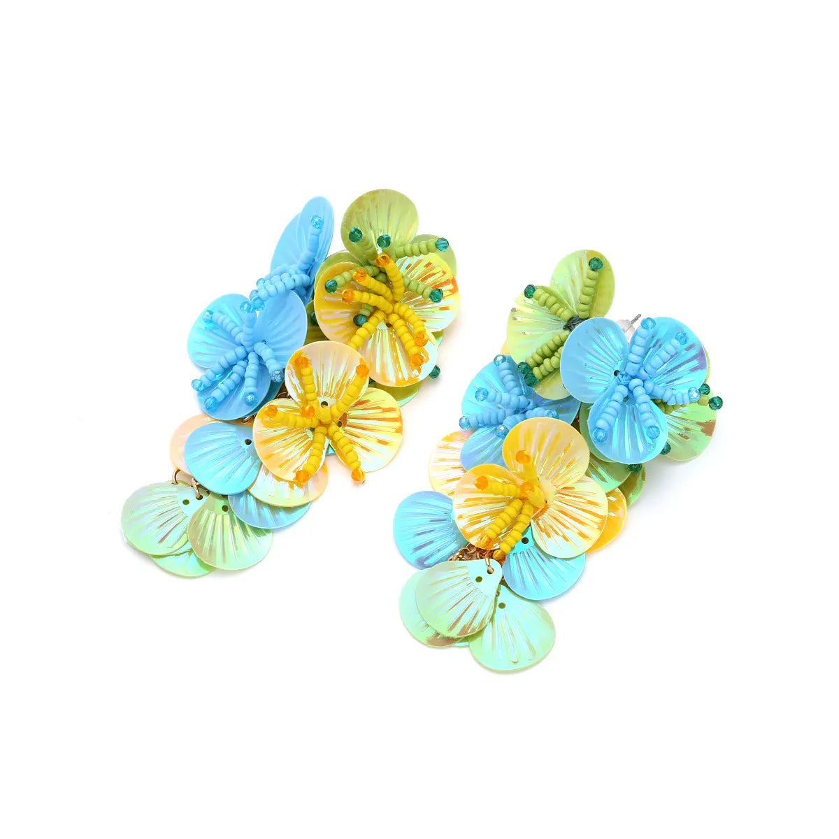 Handmade European style exaggerated dopamine string bead flower earrings in colourful, rose, or purple colours