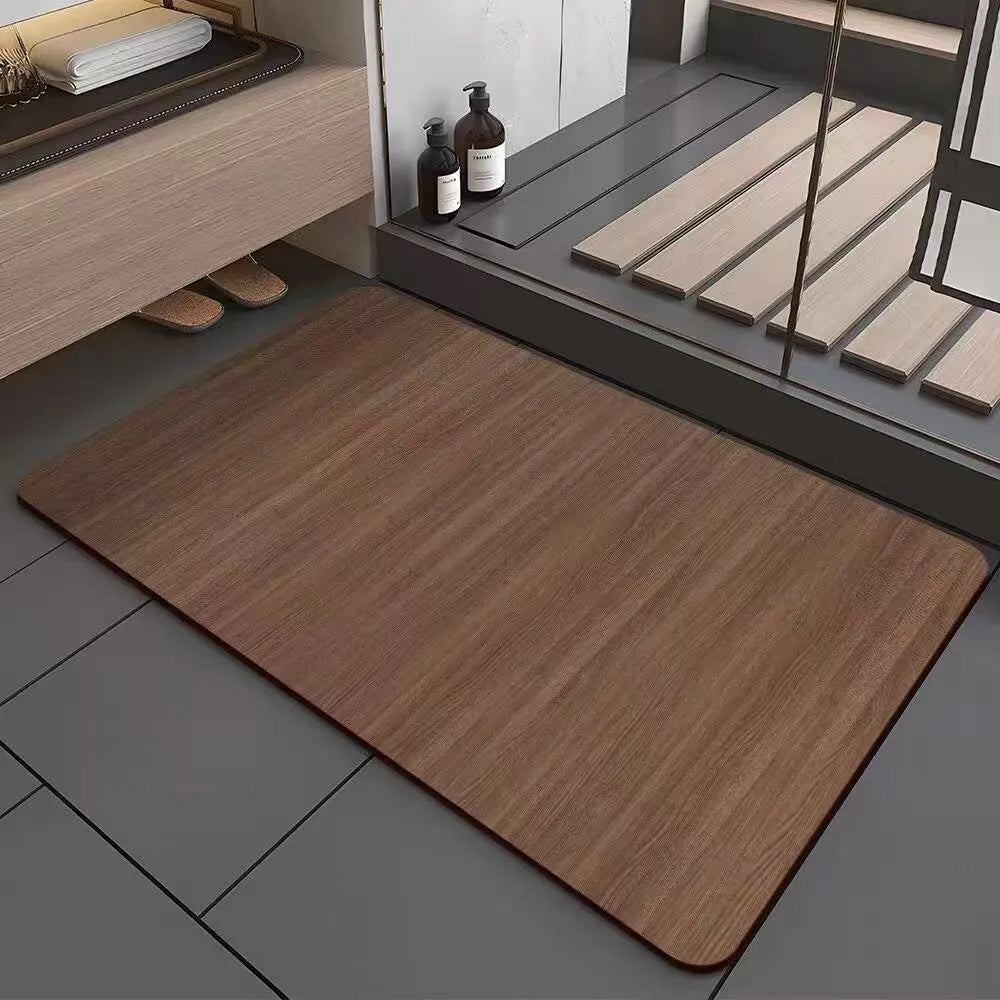 Square American-style wood grain geometric pattern floor mat for bathroom entrance.
