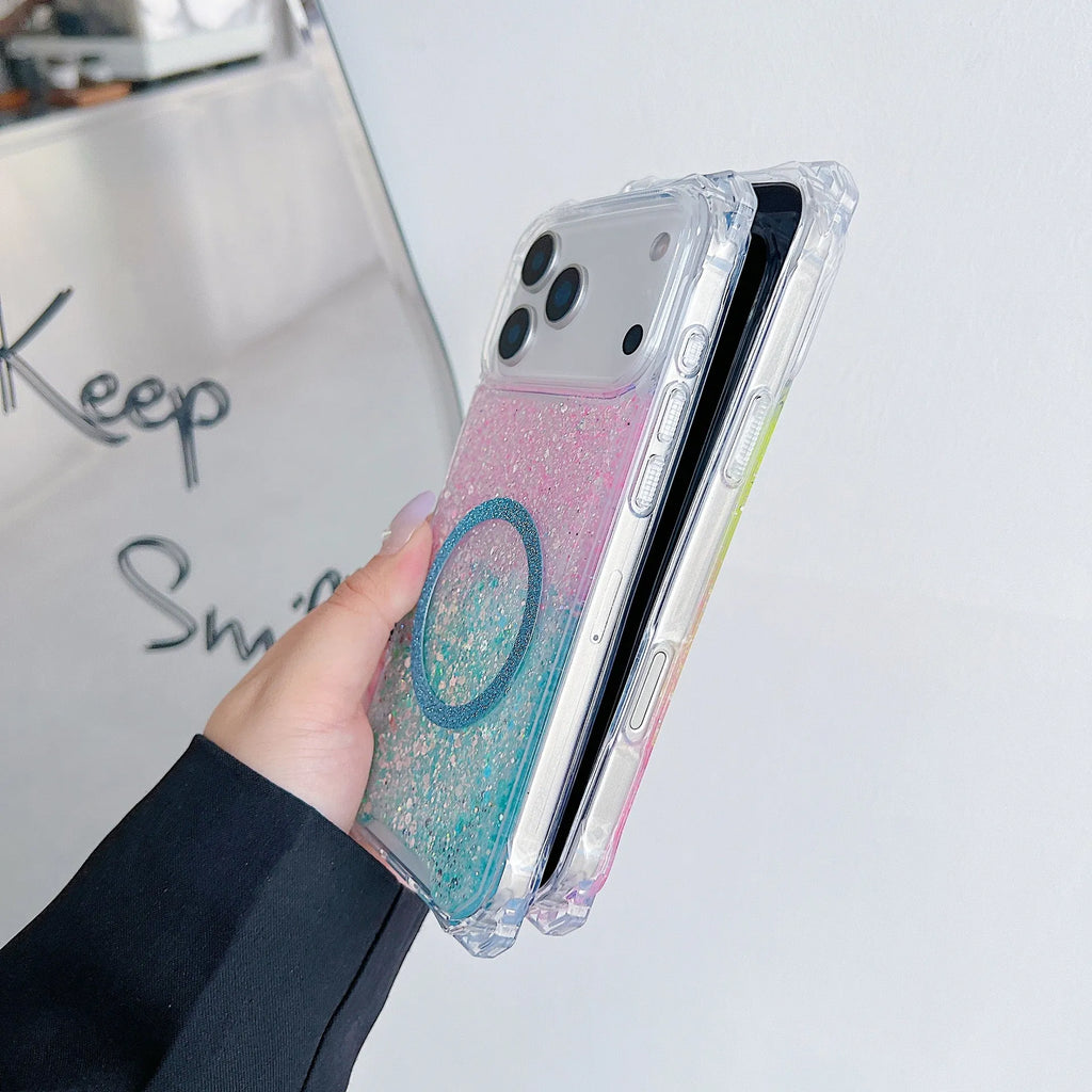 Glitter magnetic TPU phone case for iPhone 16 Pro in yellow pink colour, frosted finish, all-inclusive drop-resistant cover