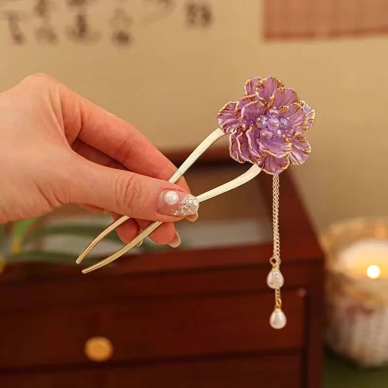 Purple and white alloy peony U-shaped hairpin with retro pastoral styling
