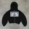 Unisex loose fit hooded zipper jacket in black, grey, or pink with a letter pattern and front pocket.