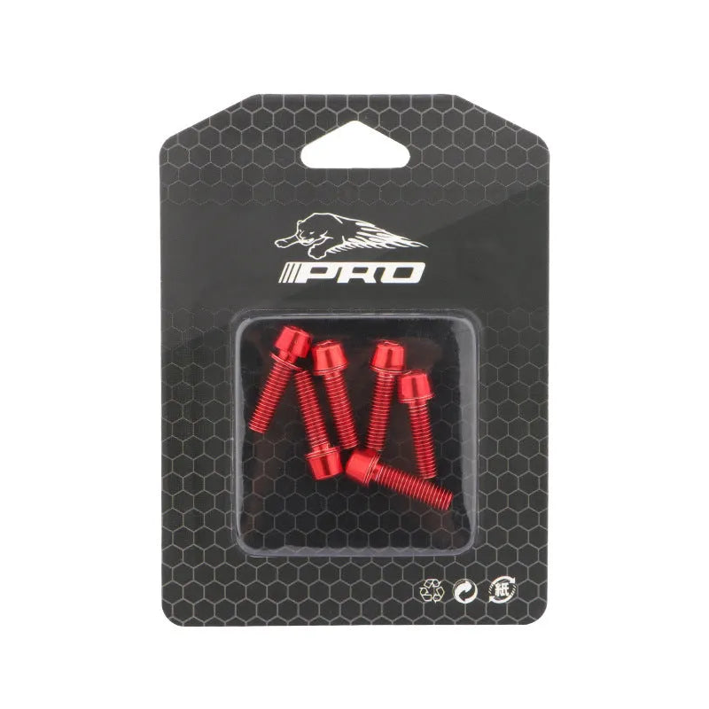Set of six coloured M5 stainless steel mountain bike riser bar fixing screws on a card.