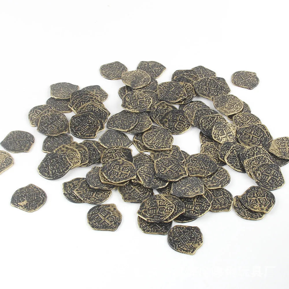 Set of 100 plastic replica Roman coins with metallic gold, silver, or bronze electroplated finish.