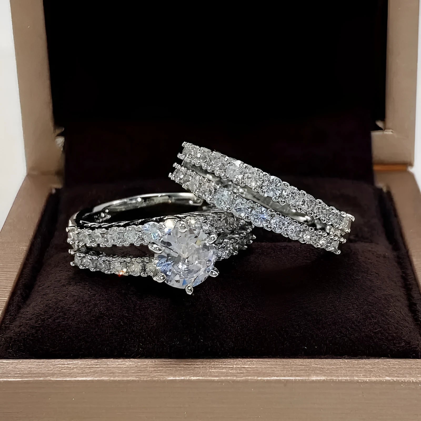Geometric 2 in 1 fully-jewelled female ring set in silver, gold, and rose gold colour options.