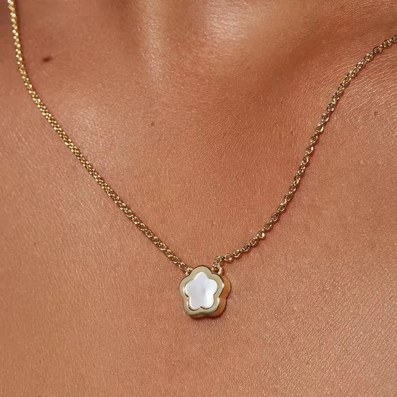 White mother of pearl shell flower pendant necklace on gold or silver plated copper chain