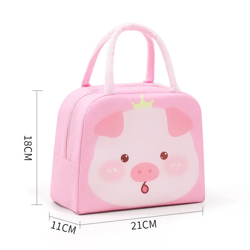 Cartoon children's insulated lunch box bag in choice of seven animal designs like orange bear and green dinosaur.