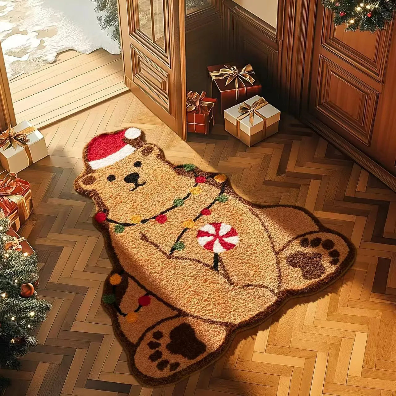 Square Christmas-themed polyester hallway mat with festive print and non-slip backing.