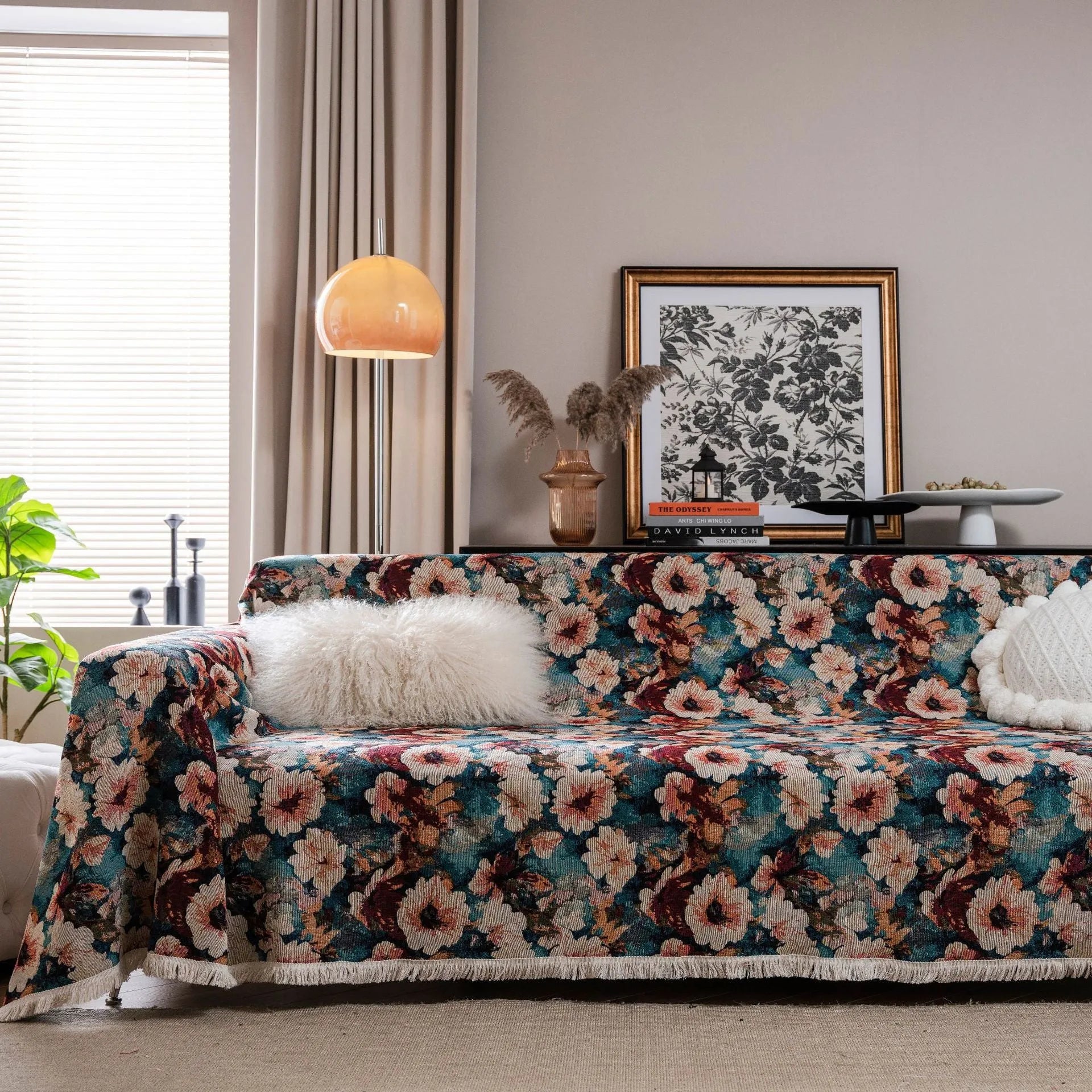 American country style jacquard patterned sofa cover in polyester cotton fabric on a sofa.