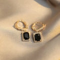 Black geometric quadrilateral zircon earrings with French court retro design on copper alloy