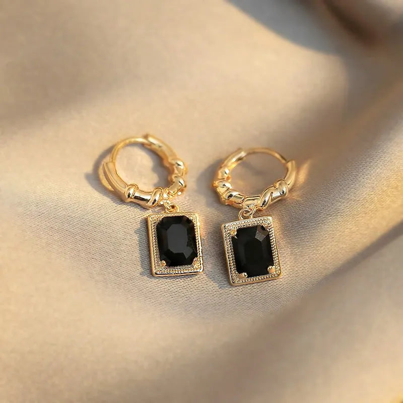 Black geometric quadrilateral zircon earrings with French court retro design on copper alloy