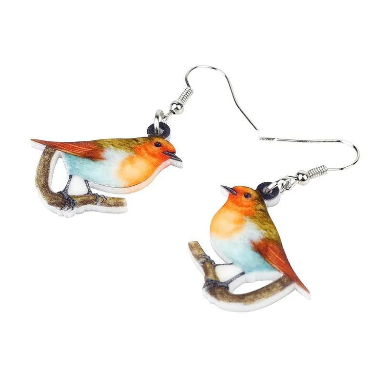 Blue titmouse pendant drop earrings with geometric animal zodiac snake designs printed on acrylic