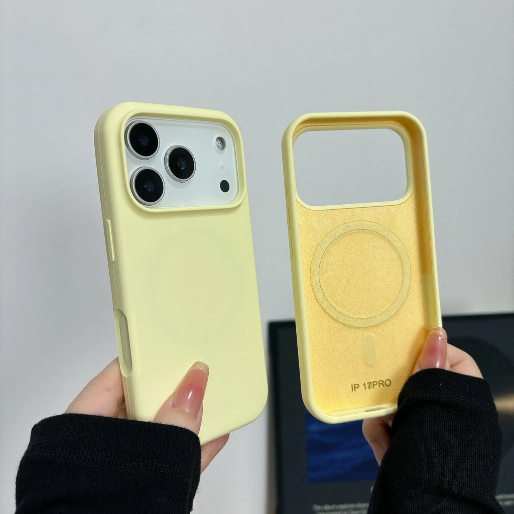 Liquid silicone magnetic charging phone case with Ai button for iPhone, shown in antique white colour.
