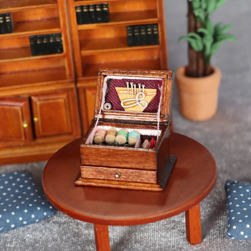 European style miniature wooden sewing kit box with double layer birch wood construction