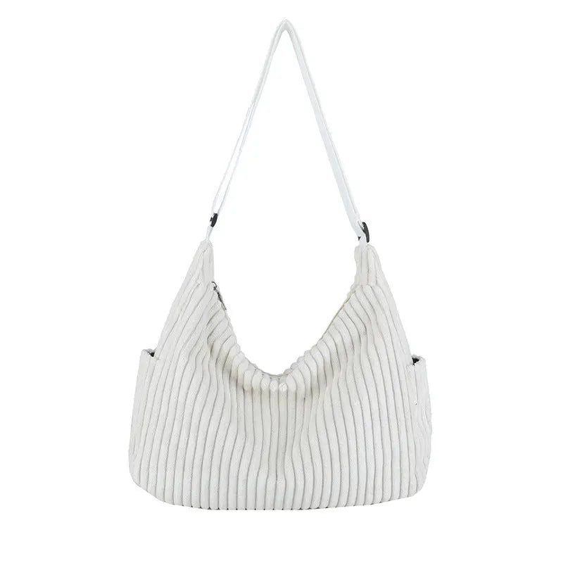 Corduroy crossbody bag in black, white or grey with single strap and sandwich pocket