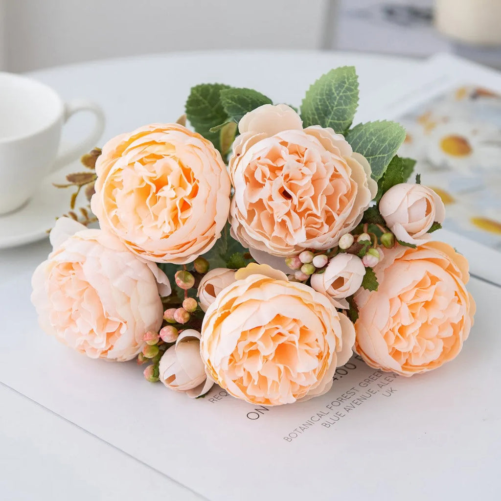 Artificial silk peony flower bouquet in champagne colour for home and wedding decoration
