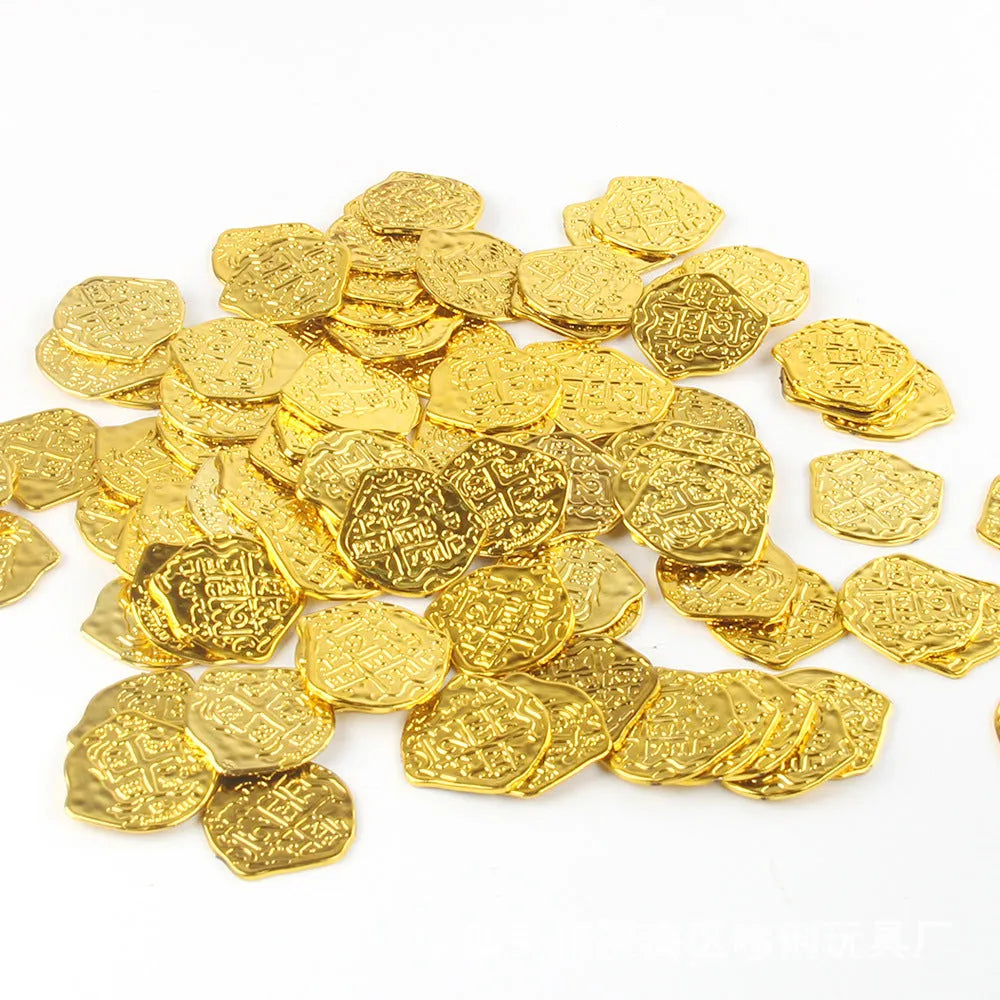 Set of 100 plastic replica Roman coins with metallic gold, silver, or bronze electroplated finish.