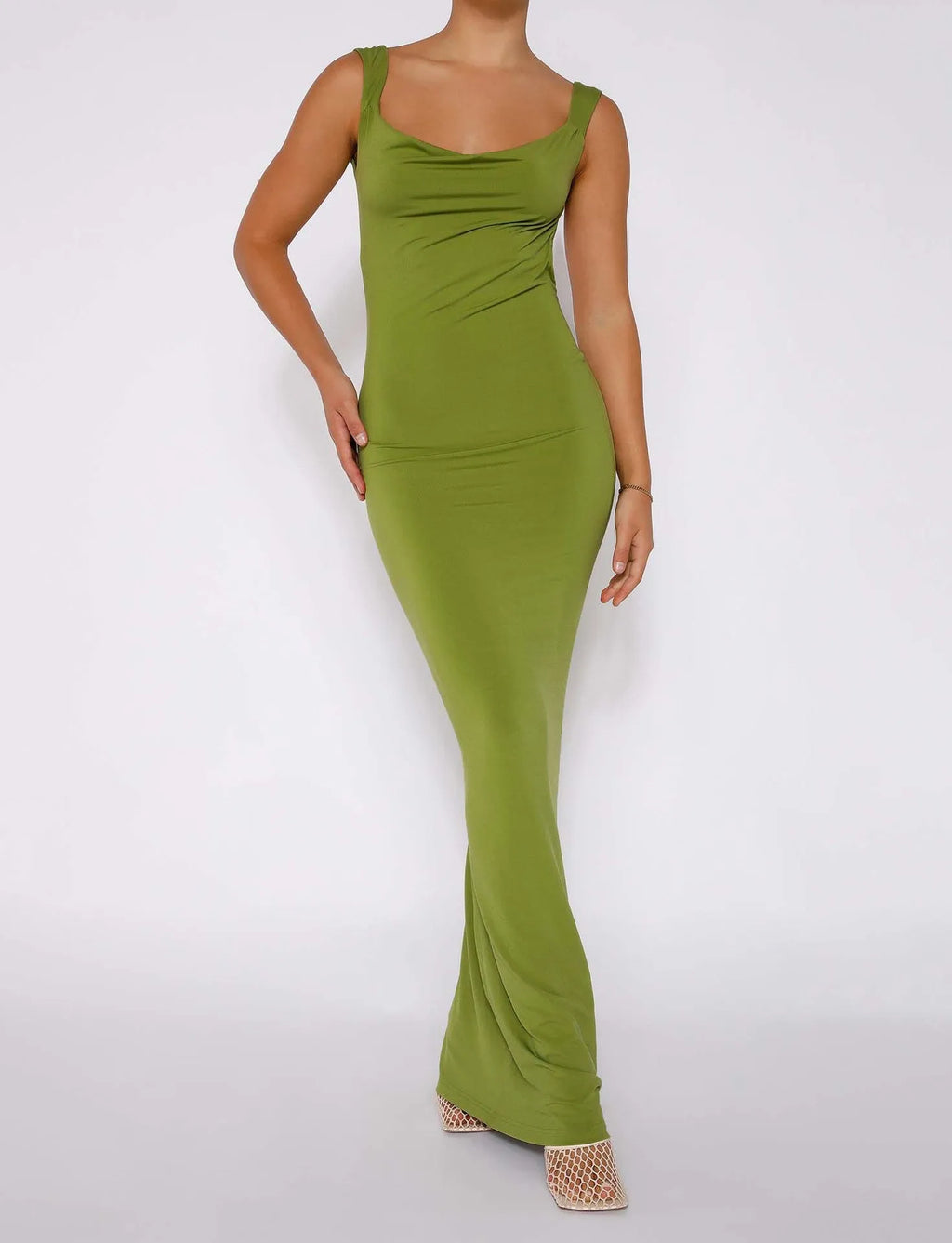 Backless slim fit milk silk dress with spaghetti straps in Champagne colour