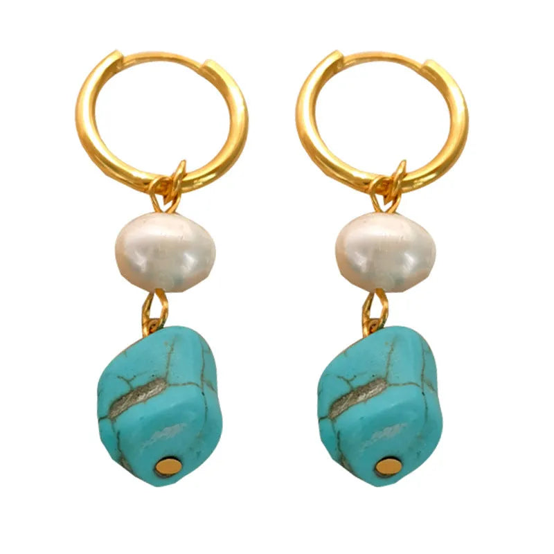 Copper geometric earrings with turquoise stones and cultured pearls in short and long drop styles