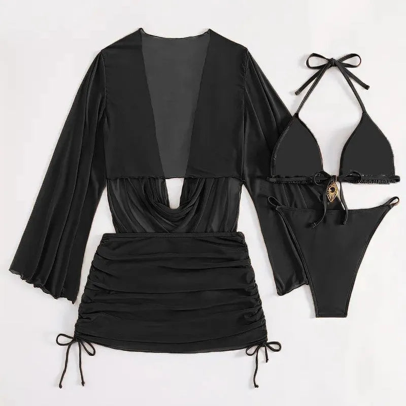 Dark brown women's lace-up backless bikini swimsuit set on a model, showing sleeveless design.