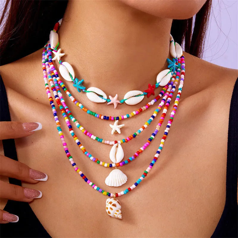 Multi-layer women's necklace set with starfish shell beads and adjustable chain