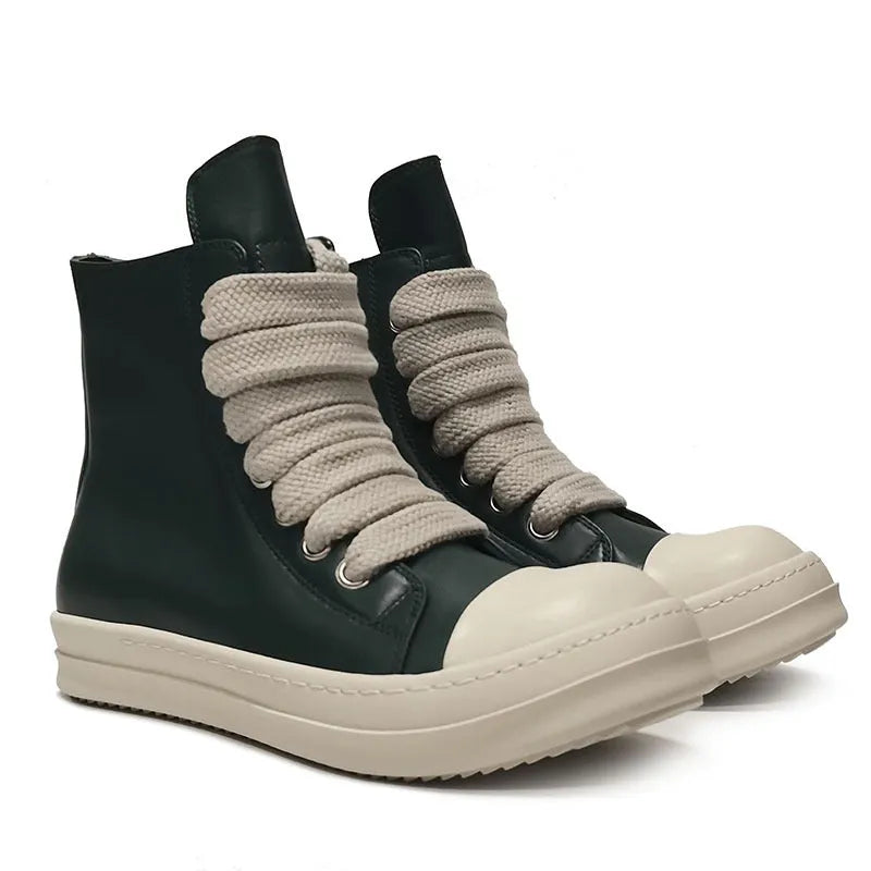 Black high-top leather sneakers with a side zipper and round toe on a rubber sole.