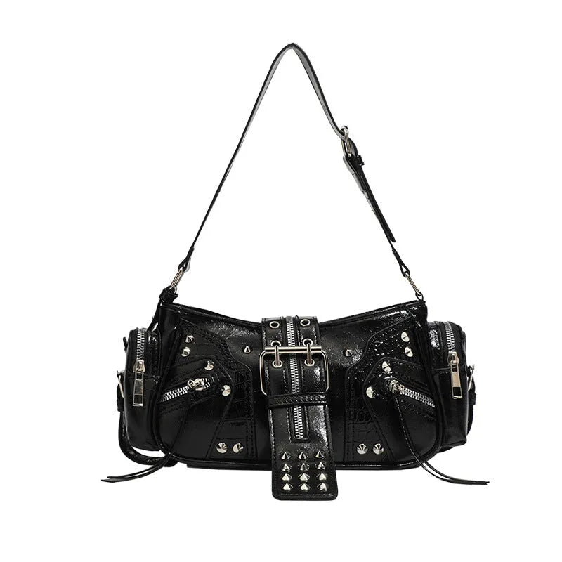 Black retro dumpling-shaped handbag with oil wax leather exterior and multiple internal compartments