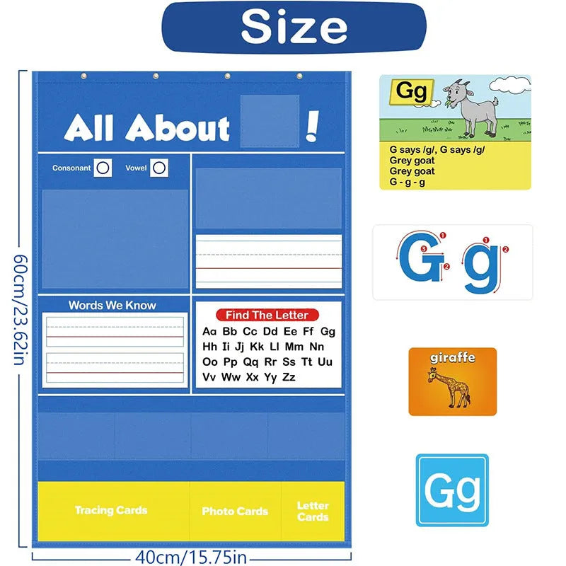 Alphabet learning chart with word cards, letter cards, and picture cards displayed on a 60cm by 40cm sleeve table.