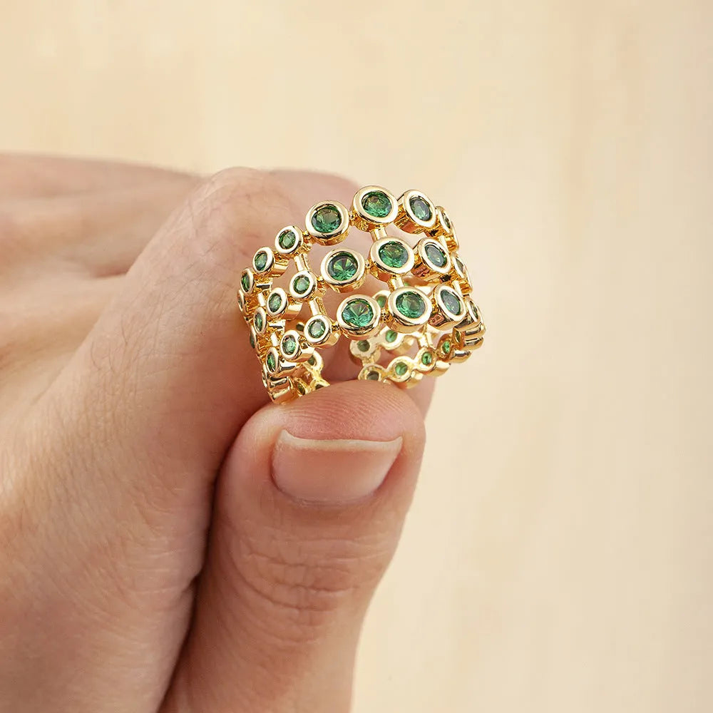 Copper 18K gold plated three-layer ring with green zircon stones in wide band unisex design