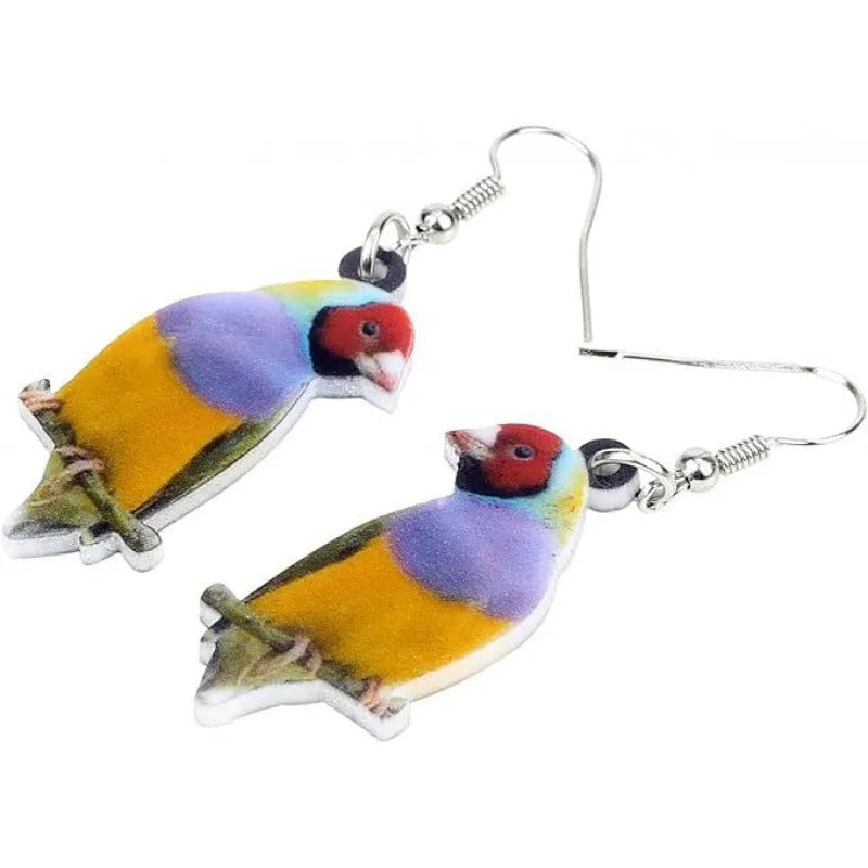 Blue titmouse pendant drop earrings with geometric animal zodiac snake designs printed on acrylic