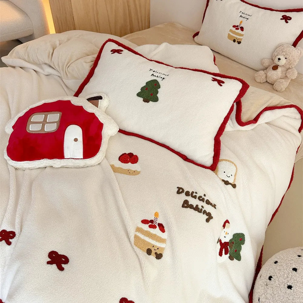 Winter Christmas cartoon polyester bedding four-piece set with Xuefu Milk Pastry pattern showing bed sheet, duvet cover, and pillowcases