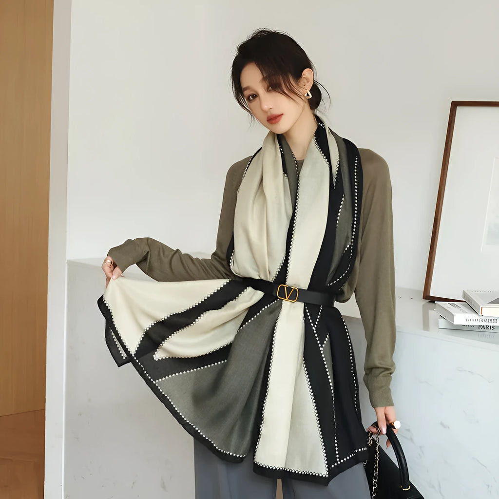 A woman's elegant polyester shawl scarf in a mid-length style, dimensions 180cm by 90cm.