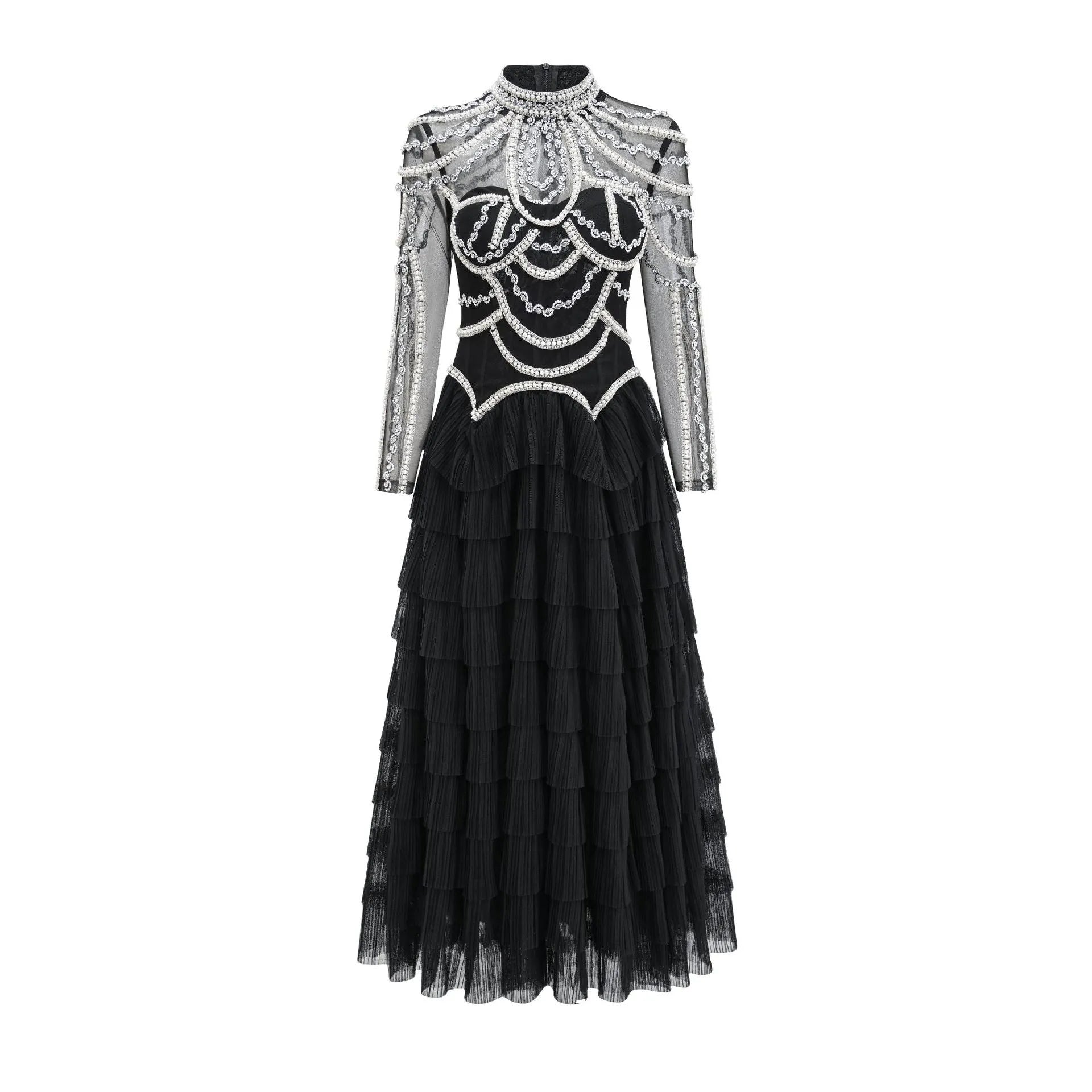 Women's black beaded long sleeve polyester dress with three-dimensional decoration