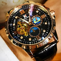 Large dial automatic mechanical watch with rose gold case, black leather strap, and visible skeleton movement
