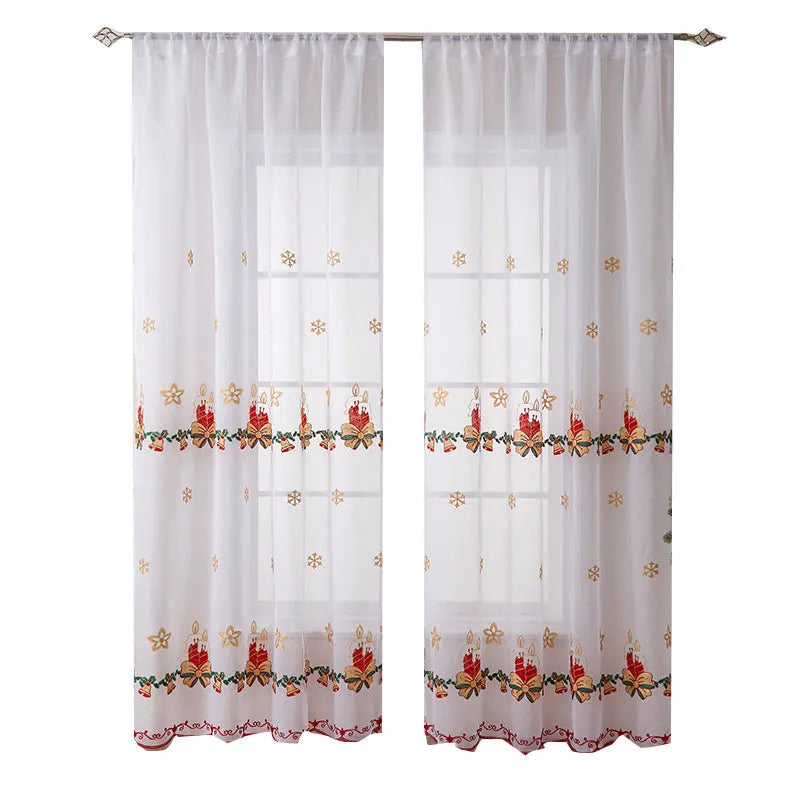 A pair of American-style Christmas curtains with white embroidered snowflakes on a red background.