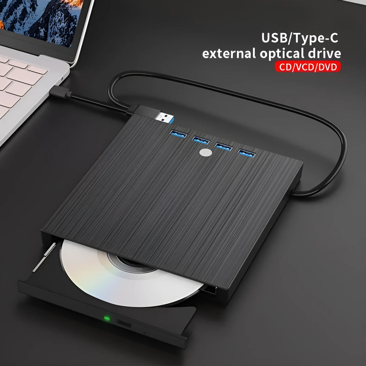 Black external DVD burner with USB interface, tray-type CD loading and 0.36kg weight