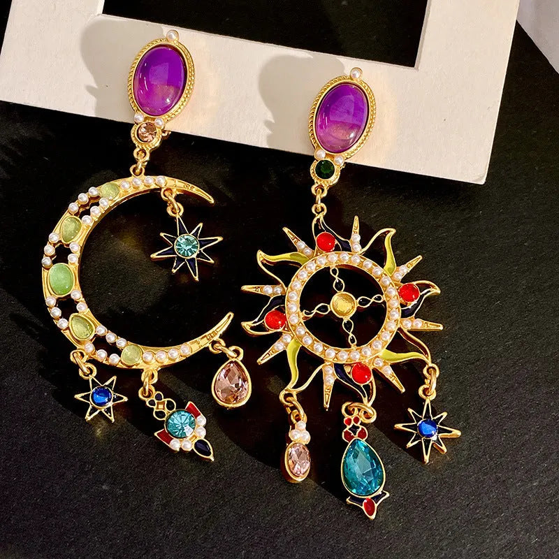 Mid-ancient coloured glaze crystal moon asymmetric earrings diamond-treated star shape Chinese style women