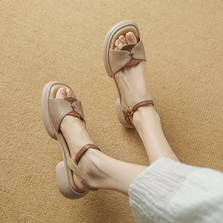 Women's beige platform sandals with chunky heel and open toe design