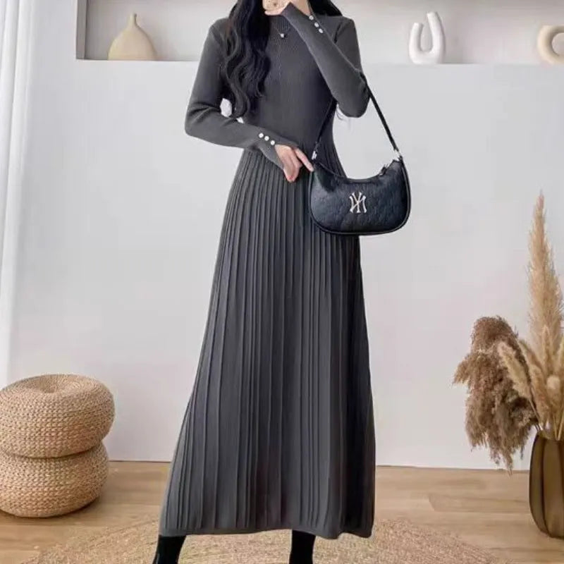 Women's knitted woolen A-line dress mid-length below knees waist trimming in solid colours