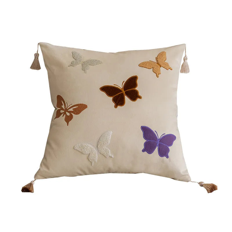 Square beige, black, and purple cushion with Chinese-style butterfly embroidery