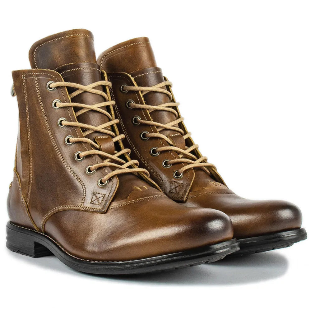 Knight Series black and brown two-tone leather boots with side zipper detail