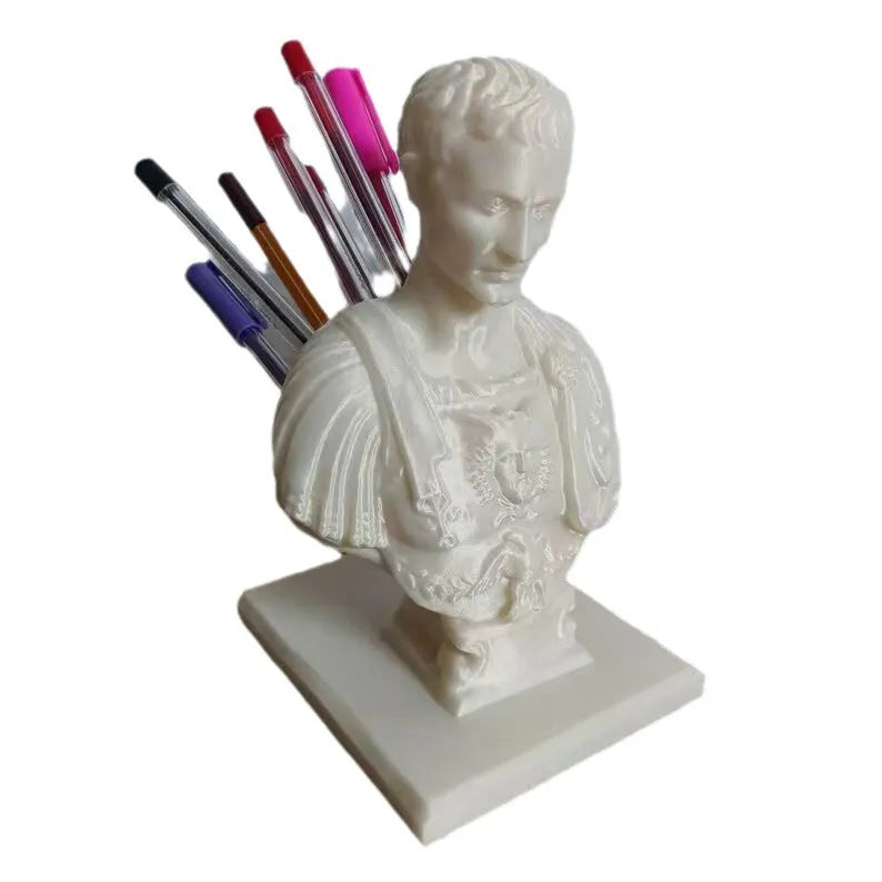 White synthetic resin statue-style pen holder with 15-pen capacity for desk storage