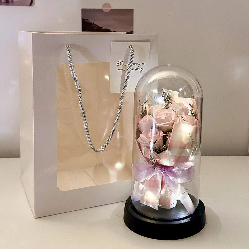 Formed bionic bouquet artificial silk flower arrangement in gradient light pink purple colour.