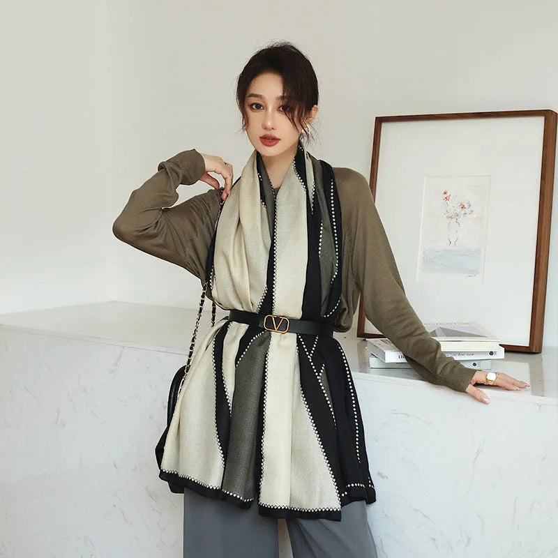 A woman's elegant polyester shawl scarf in a mid-length style, dimensions 180cm by 90cm.
