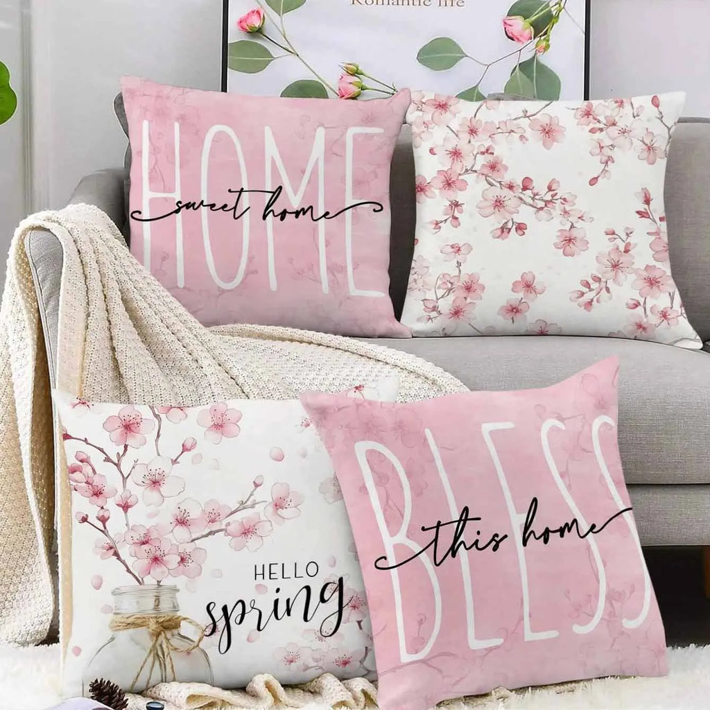 45cm square short velvet cushion cover with a spring cherry blossom letter design