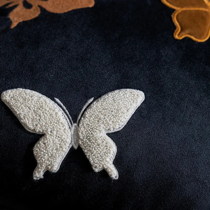 Square beige, black, and purple cushion with Chinese-style butterfly embroidery