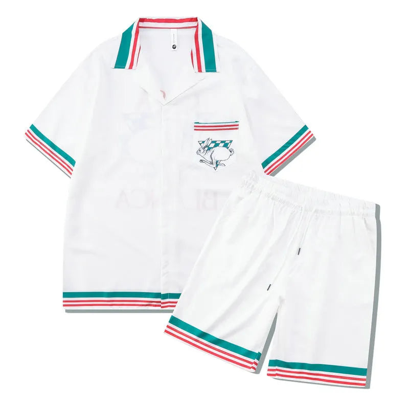 Plaid printed beach outfit set including short sleeve shirt and trousers for men and women