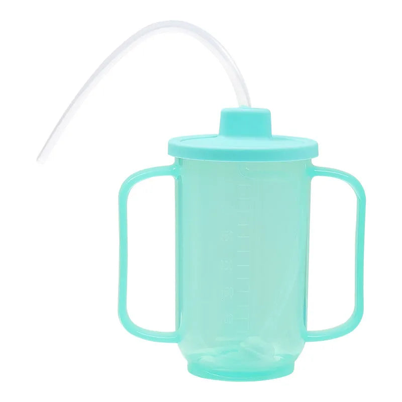 Bedside drinking cup with slanted mouth, handle, and optional wrist splint for adult care