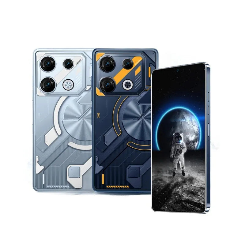 GT10 Pro Android smartphone with straight plate design in blue or silver colour with power adapters