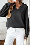 Women's half-open collar long sleeve sweater in cotton polyester blend with lace stitching detail
